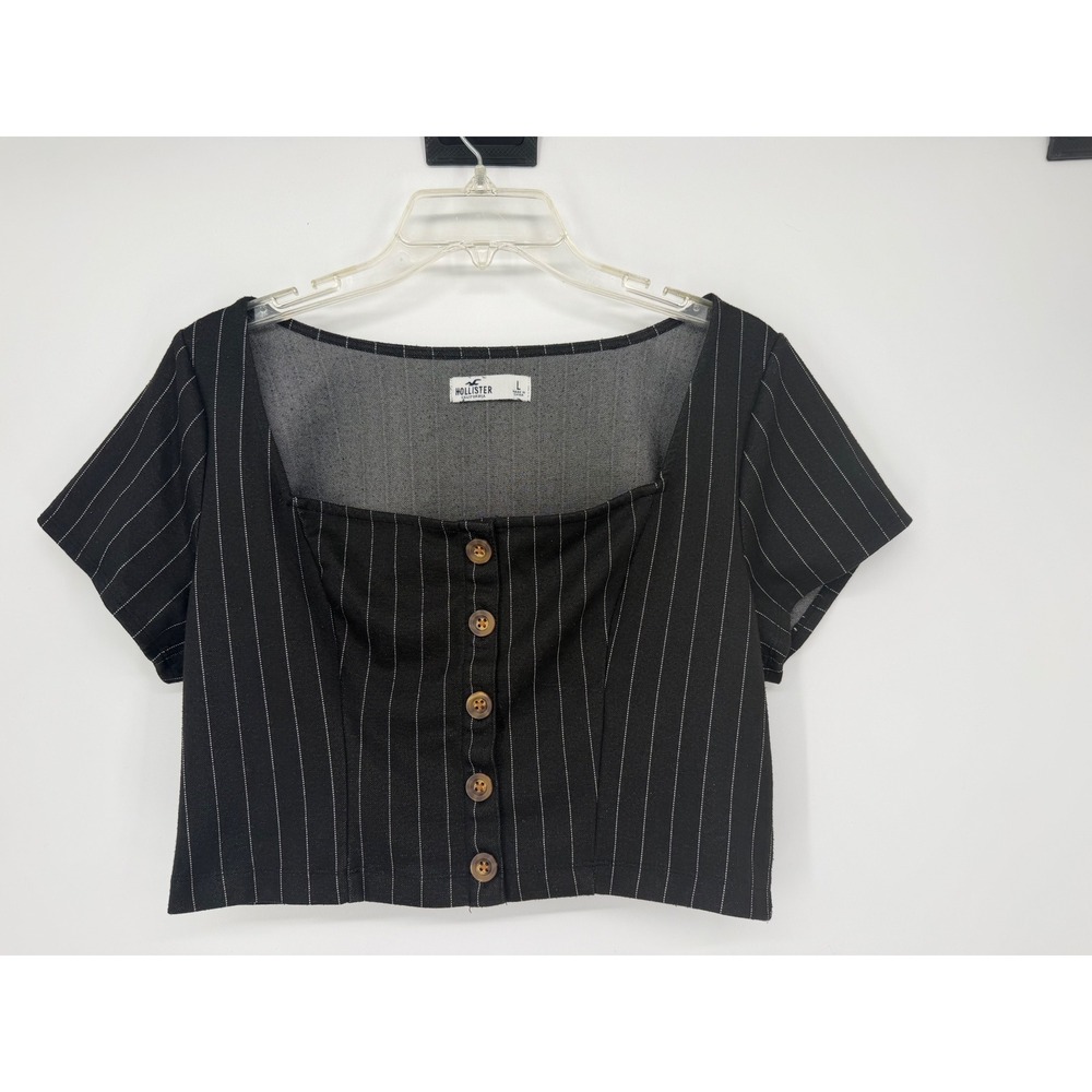 Hollister Crop Top Womens Large Black Pinstripe Excellent Button Front